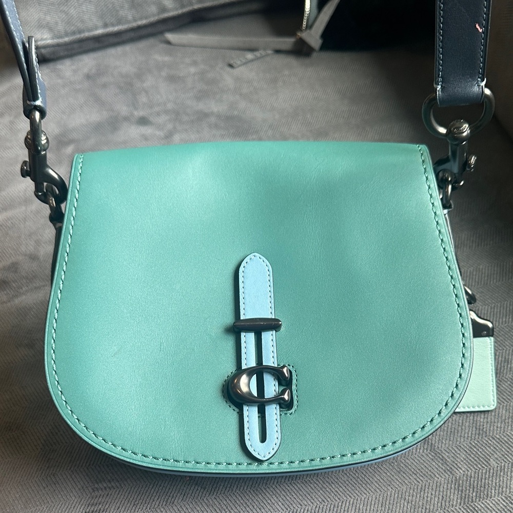 Coach color block Teal Saddle Crossbody Bag with Blue Accents